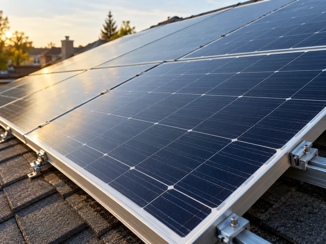 Detalhe dos módulos e estruturas de um sistema fotovoltaico.