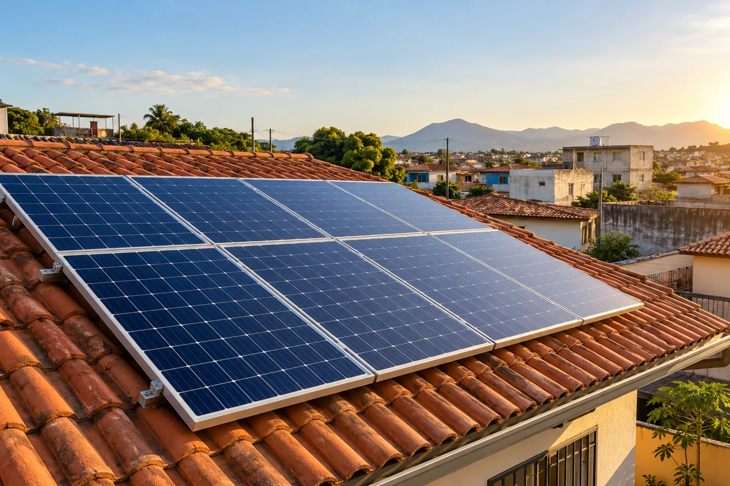 Painéis fotovoltaicos sobre o telhado de uma residência.